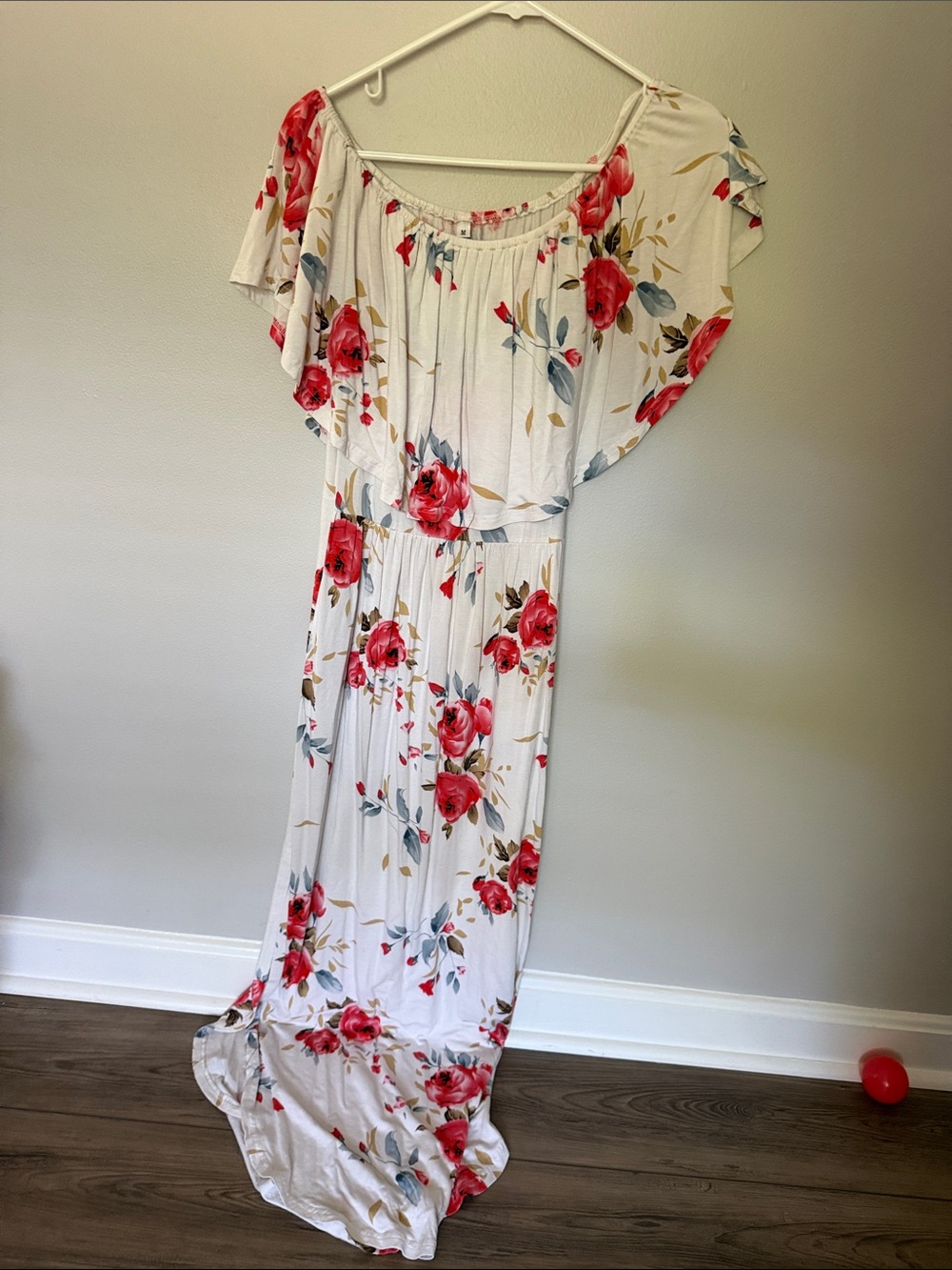 Floral White Maxi Dress with off the Shoulder Flounce Neckline, Bump Friendly